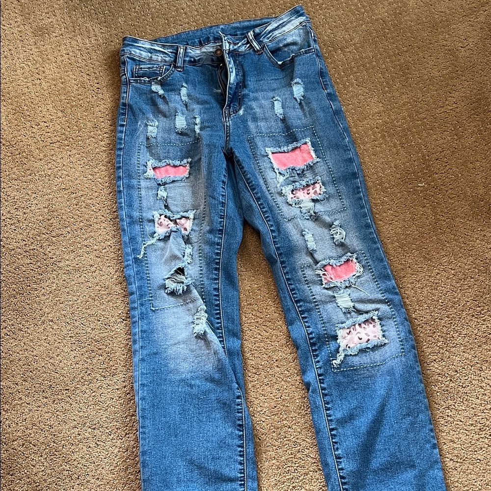 Distressed Blue and Pink Women's Jeans